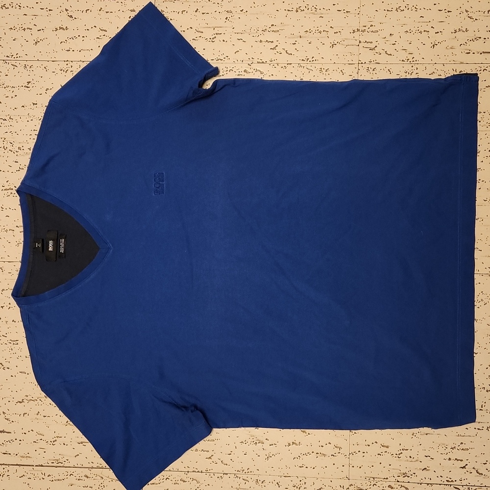 Hugo Boss Royal Blue Embroidered Spellout Logo V-Neck T-Shirt